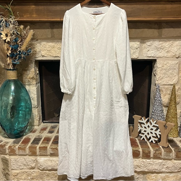 White Long-Sleeve Button-Front Maxi Dress with Eyelet Embroidery - Picture 2 of 11